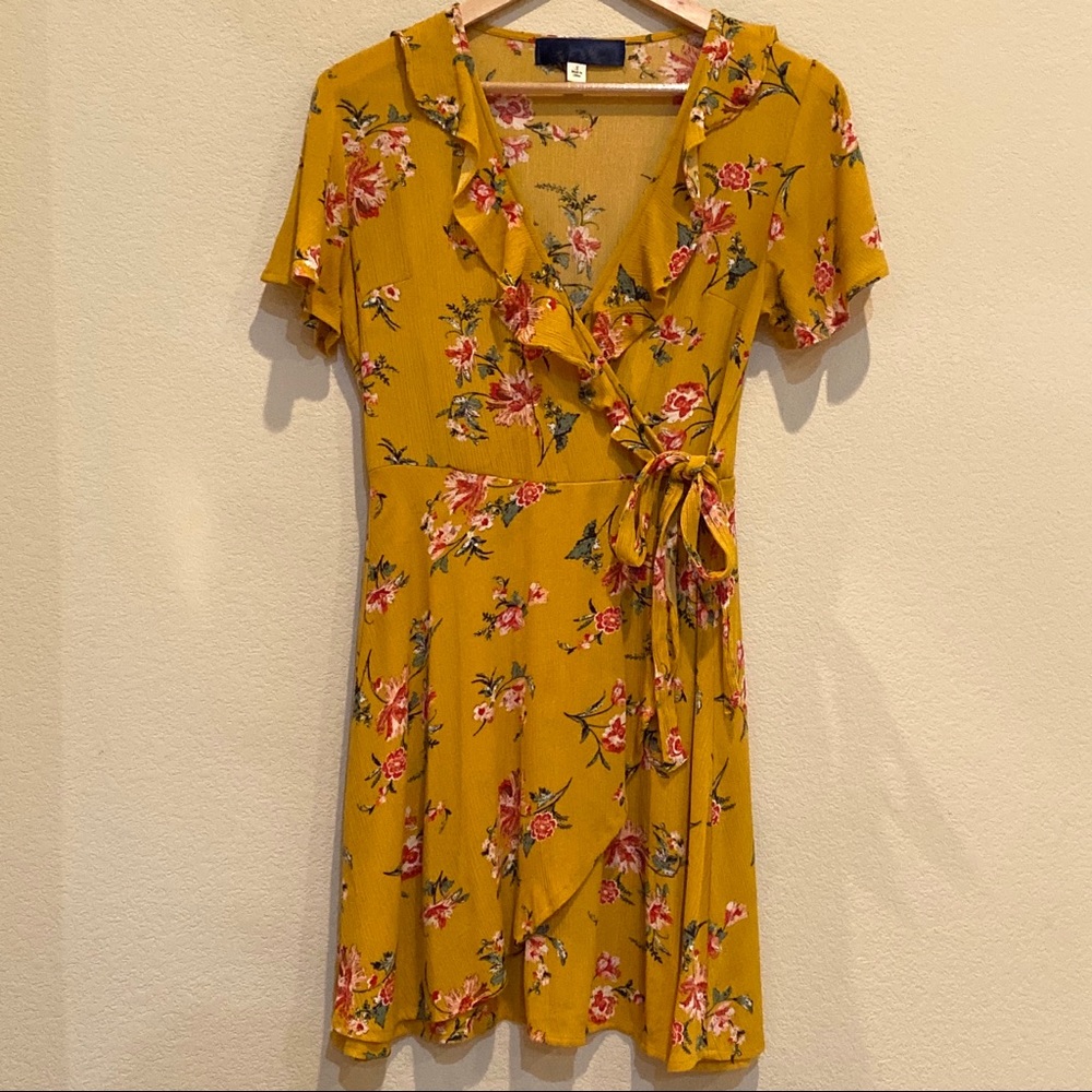 Yellow Floral Short Sleeve Mini Dress by Blue Rain